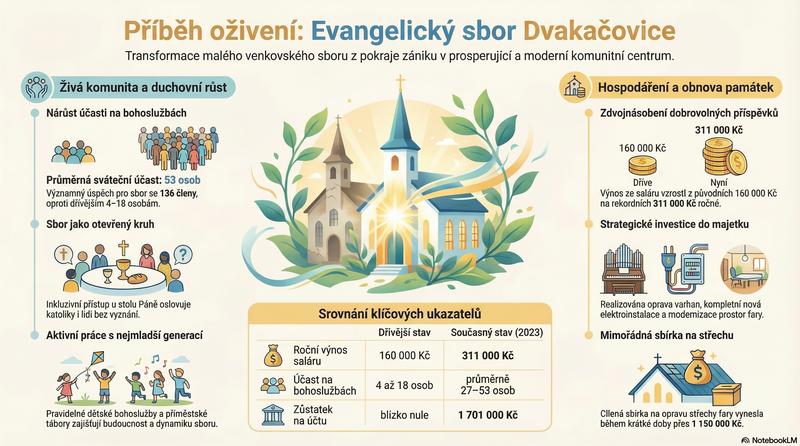 Příběh oživení evangelického sboru Dvakačovice – infografika